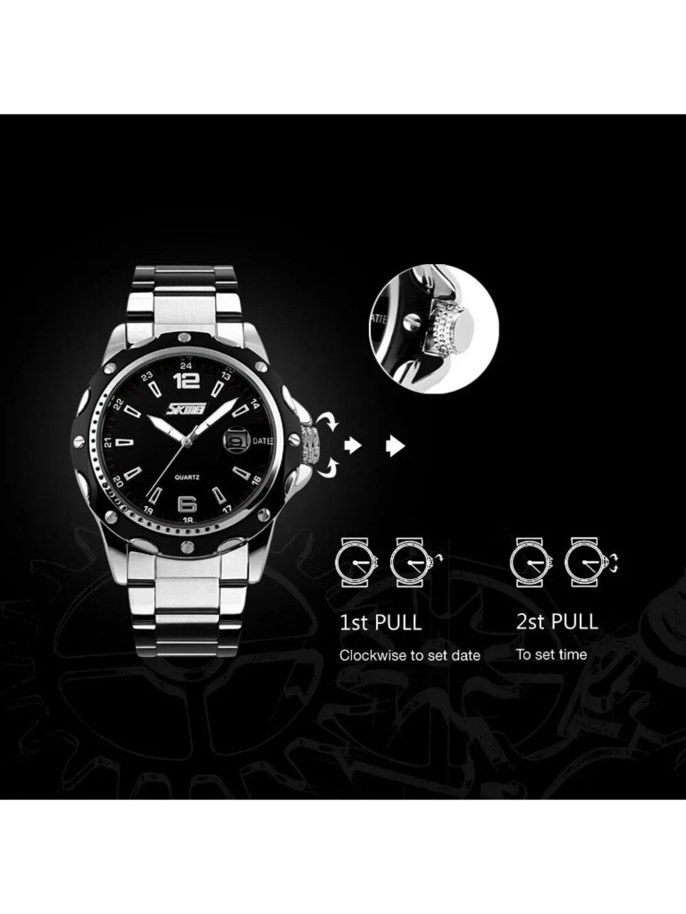 Men's Silver Black Analog Quartz Stainless Steel Waterproof Luxury Wrist Watch